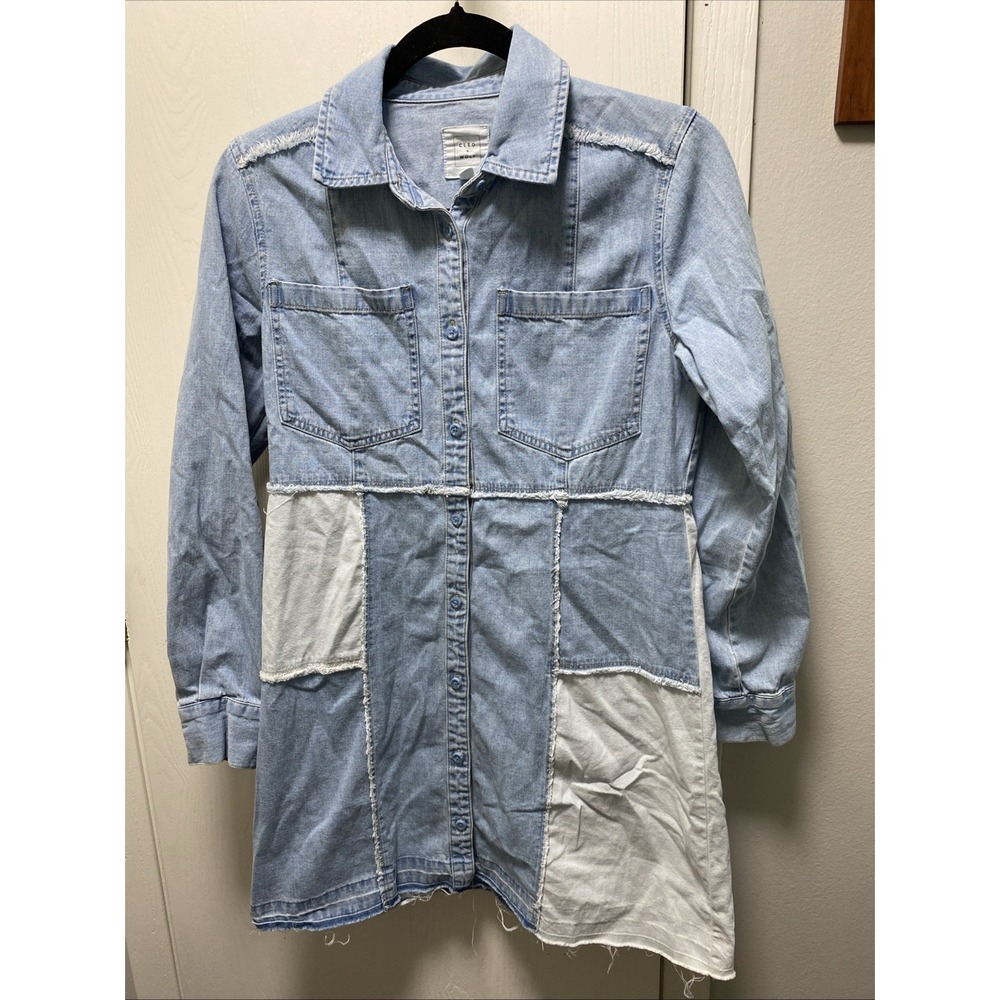 Cleo + Wolf Patchwork Denim Shirt Dress Women's XS Raw Hem Y2K Boho - Picture 2 of 9